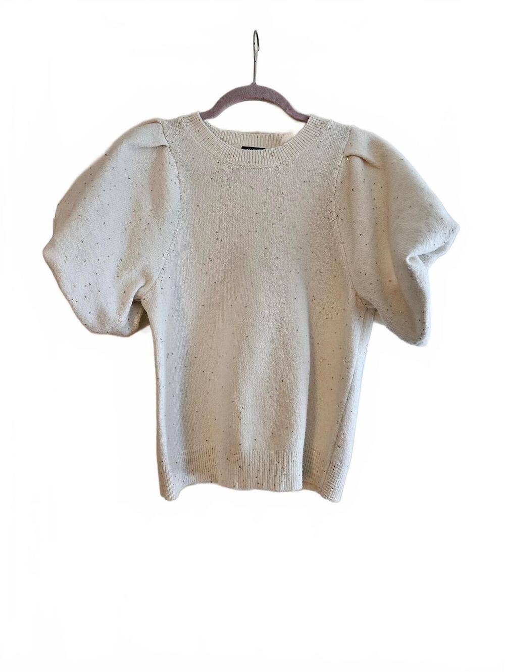 Scoop Cream Puff Sleeve Sweater with Gold Sequins, Size Large (12-14)